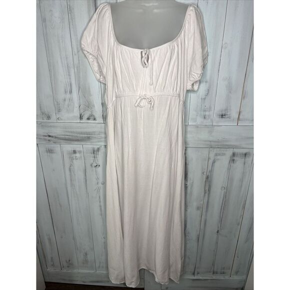 LISA SAYS GAH WHITE RAYON LINEN FLOWY EMPIRE PUFF SLEEVE BOAT NECK MAXI DRESS 3X - Picture 1 of 16